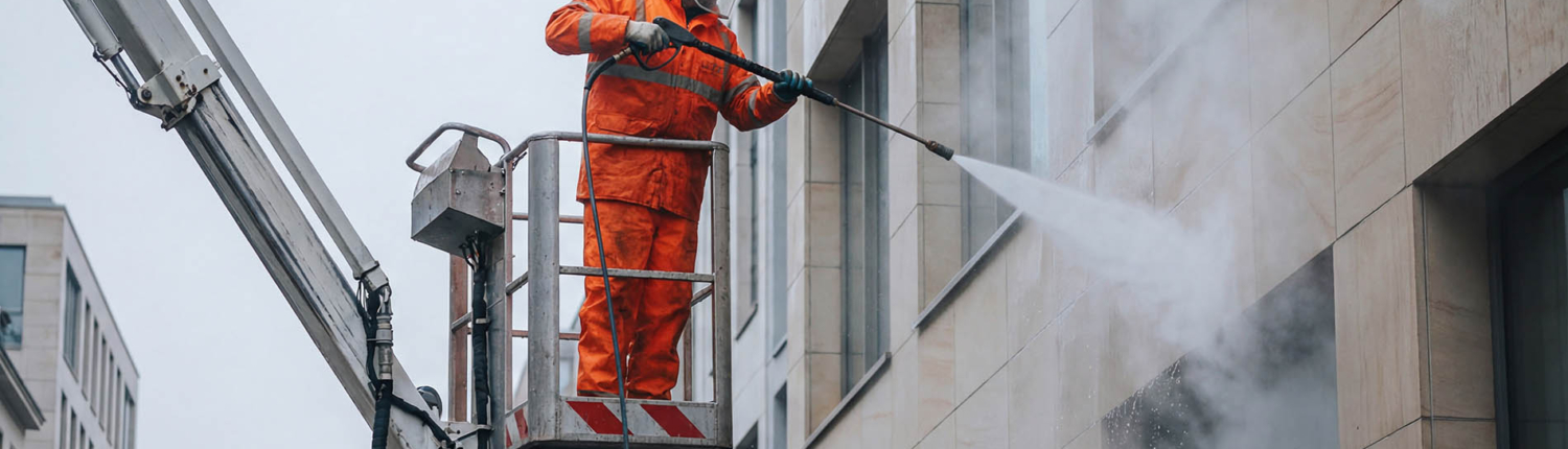 Worker in orange suit pressure washing building facade