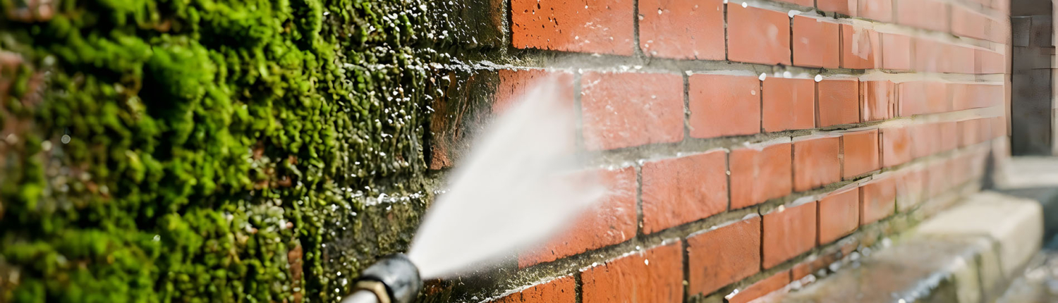 High pressure water jet cleaning moss and grime off red brick wa