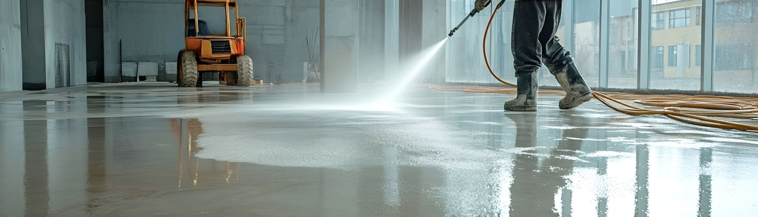 Construction worker cleaning concrete floor with pressure washer
